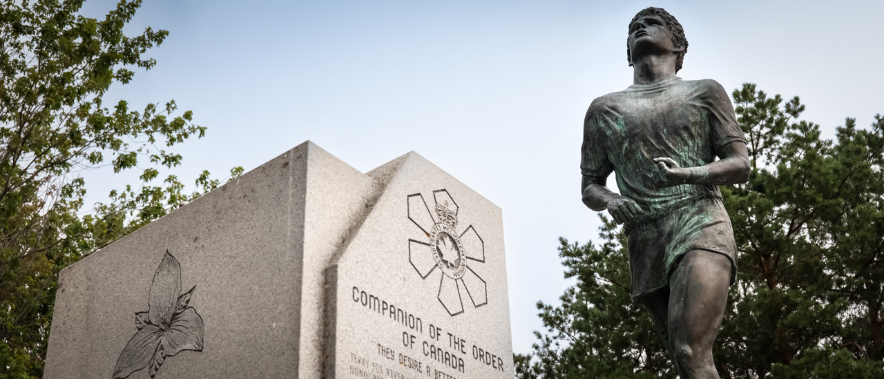 Statue of Terry Fox, an amputee and activist who ran across Canada to raise funds for cancer research.