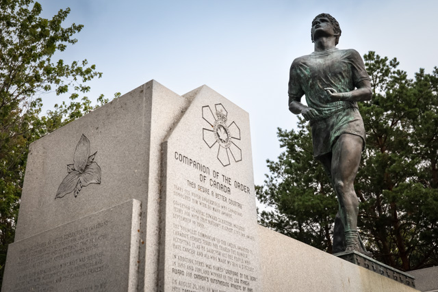 Statue of Terry Fox, an amputee and activist who ran across Canada to raise funds for cancer research.