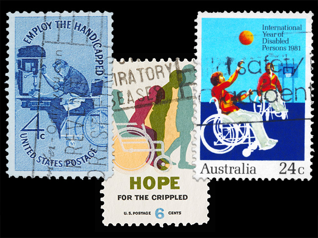 Vintage postage stamps from left to right: [1] US stamp that says Employ the Handicapped (1960); [2] US stamp that says Hope for the Crippled (1969); [3] Australian stamp that says International Year of Disabled Persons 1981 (1981).