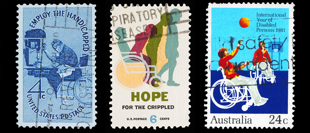Vintage postage stamps from left to right: [1] US stamp that says Employ the Handicapped (1960); [2] US stamp that says Hope for the Crippled (1969); [3] Australian stamp that says International Year of Disabled Persons 1981 (1981).